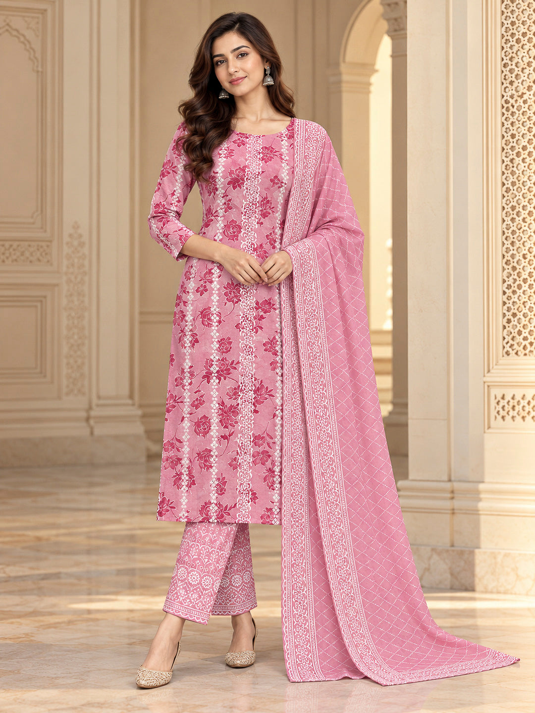 Peach Cotton Blend Printed Unstitched Dress Material