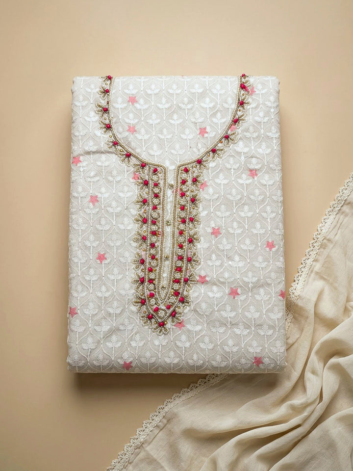 Beige Cotton Blend Embroidered Unstitched Dress Material