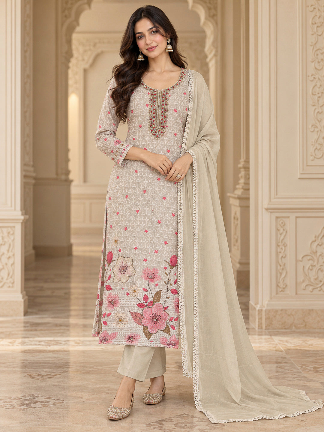 Beige Cotton Blend Embroidered Unstitched Dress Material
