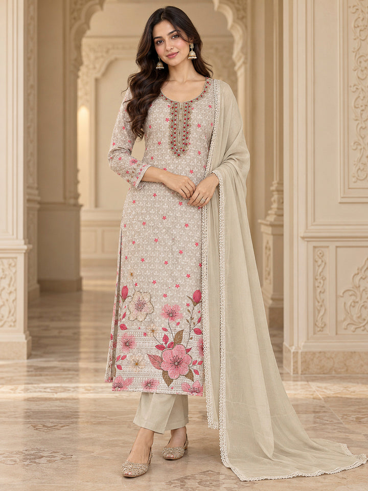 Beige Cotton Blend Embroidered Unstitched Dress Material