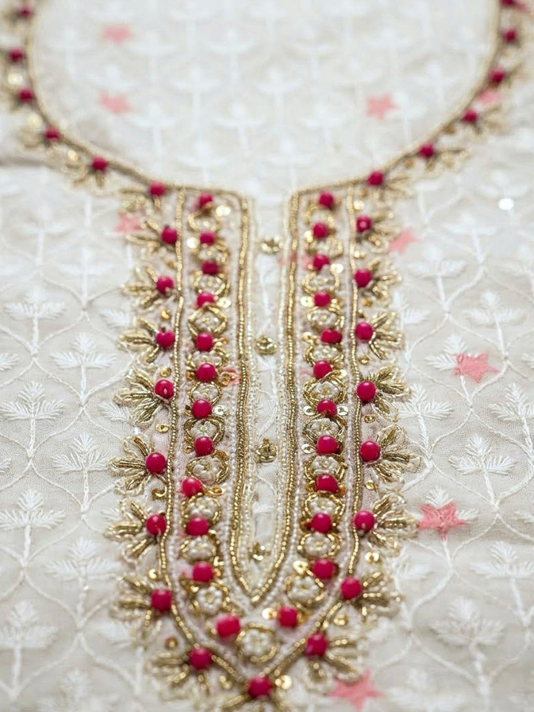 Beige Cotton Blend Embroidered Unstitched Dress Material