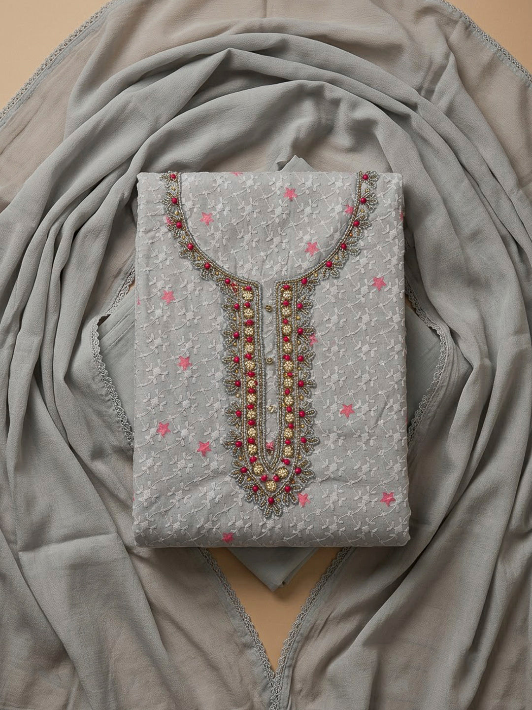 Grey Cotton Blend Embroidered Unstitched Dress Material