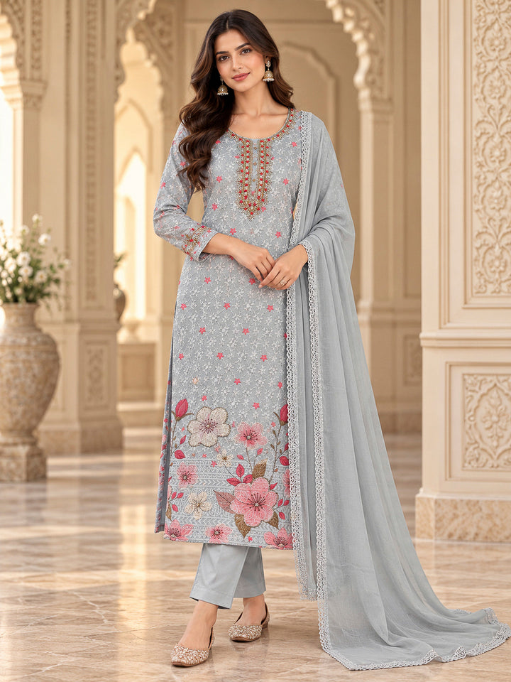 Grey Cotton Blend Embroidered Unstitched Dress Material