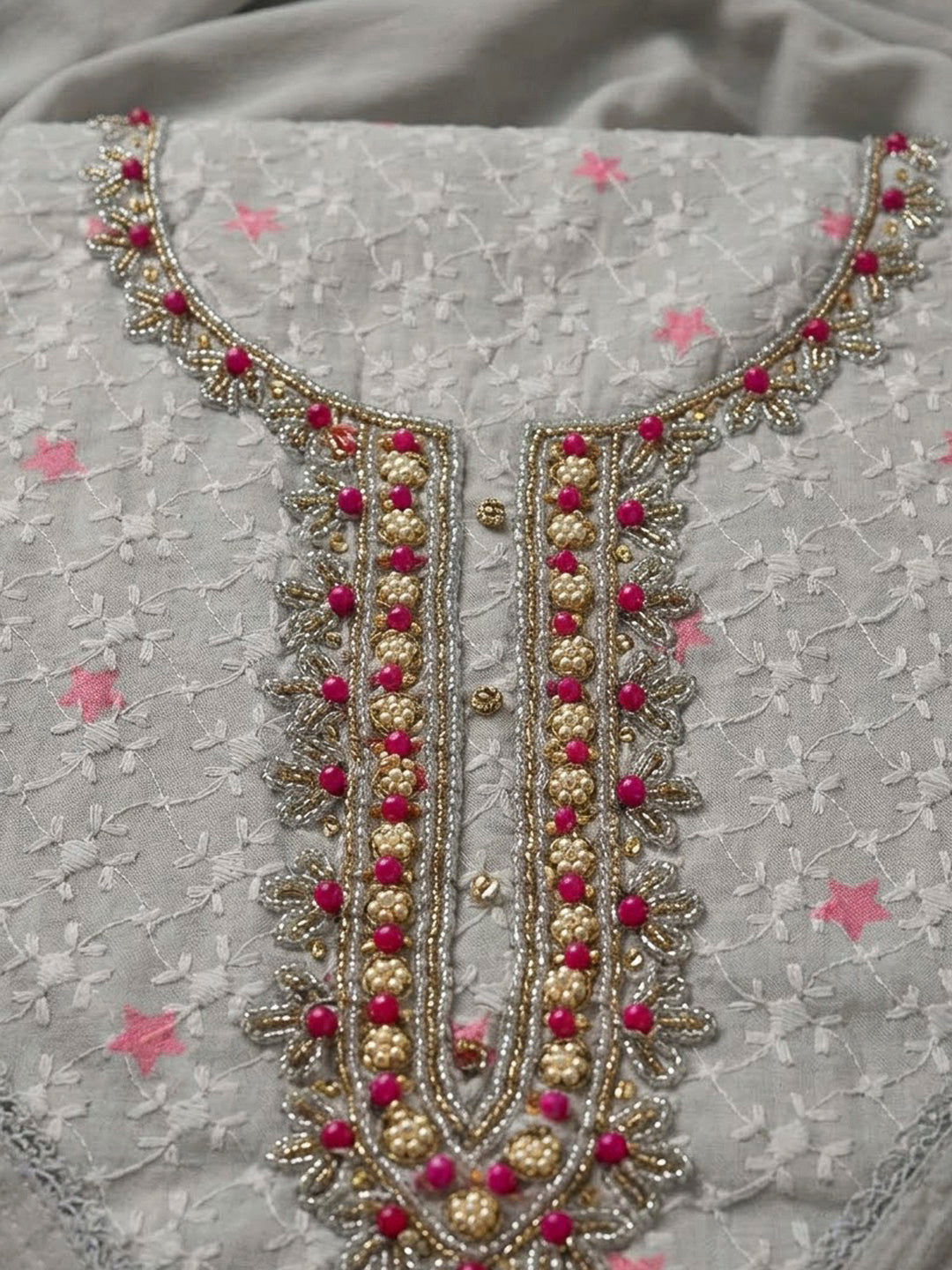 Grey Cotton Blend Embroidered Unstitched Dress Material
