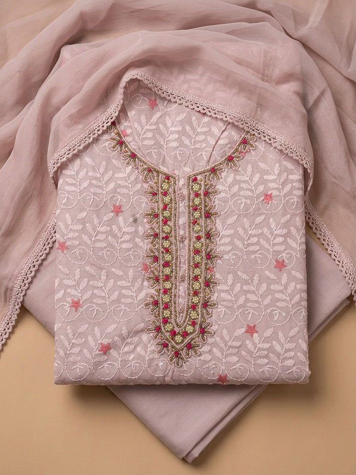 Onion Pink Cotton Blend Embroidered Unstitched Dress Material