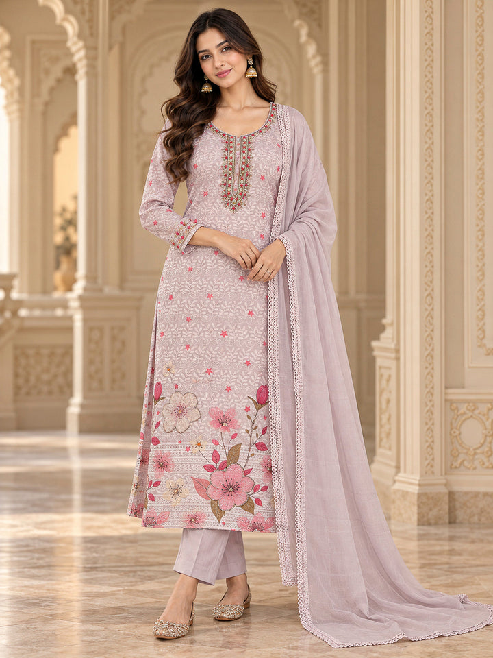 Onion Pink Cotton Blend Embroidered Unstitched Dress Material