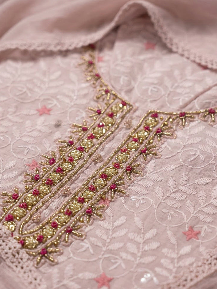 Onion Pink Cotton Blend Embroidered Unstitched Dress Material