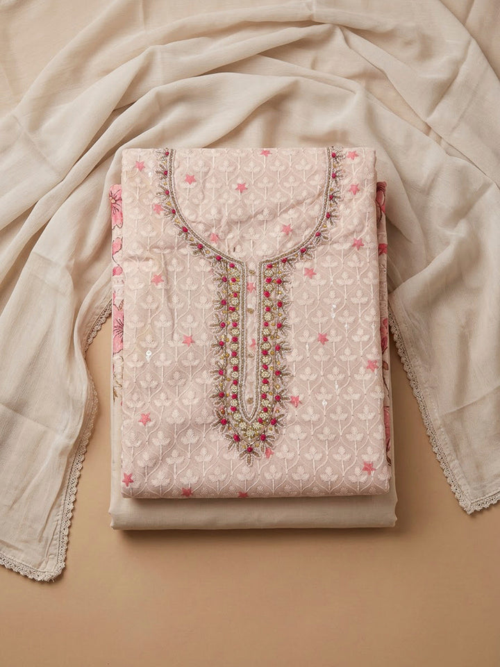 Peach Cotton Blend Embroidered Unstitched Dress Material