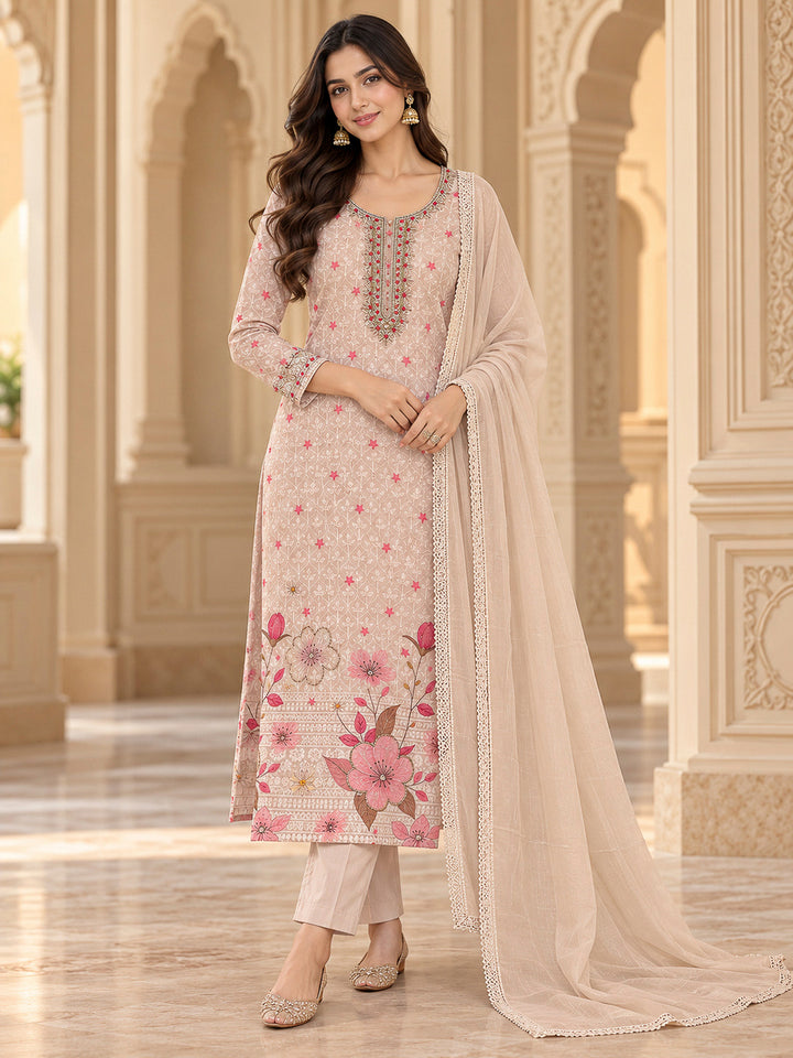 Peach Cotton Blend Embroidered Unstitched Dress Material