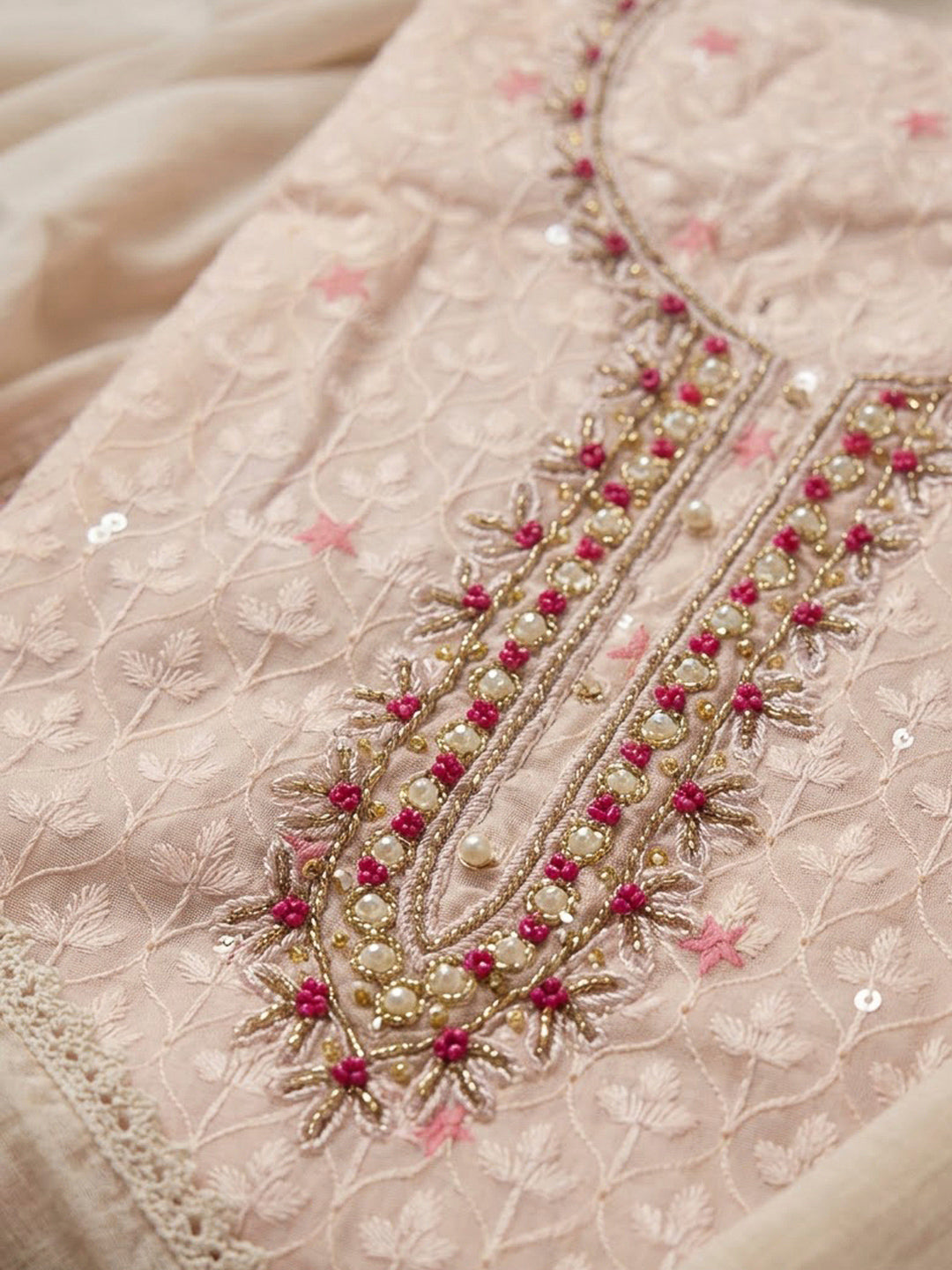 Peach Cotton Blend Embroidered Unstitched Dress Material