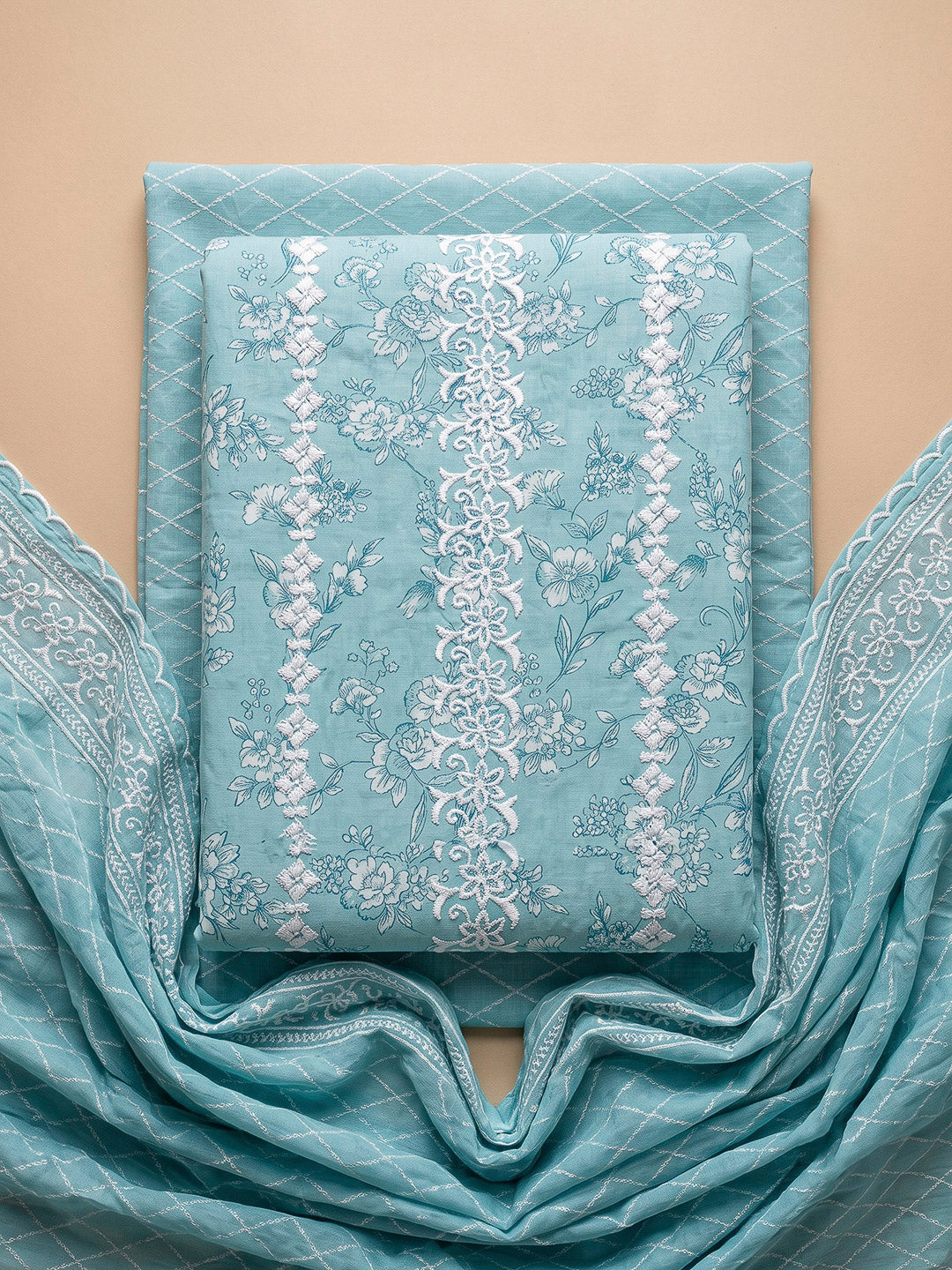 Blue Cotton Blend Embroidered Unstitched Dress Material