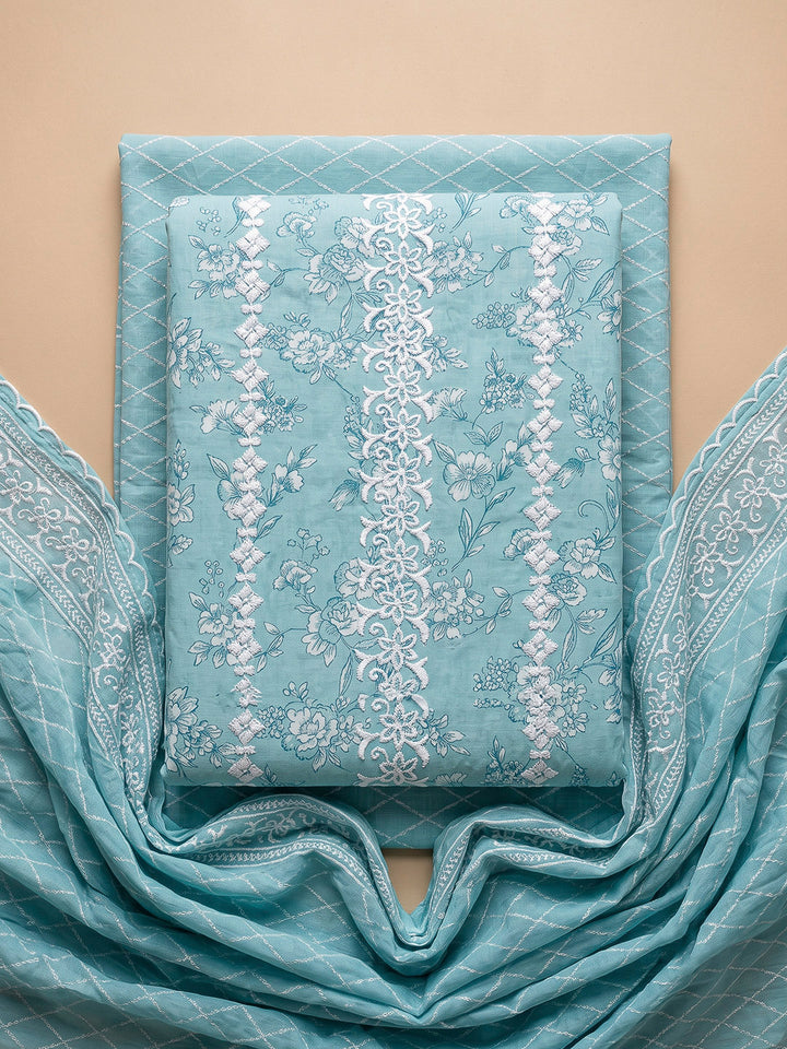Blue Cotton Blend Embroidered Unstitched Dress Material