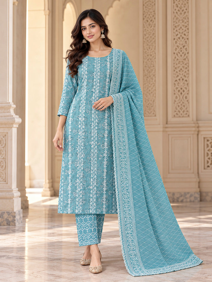 Blue Cotton Blend Embroidered Unstitched Dress Material