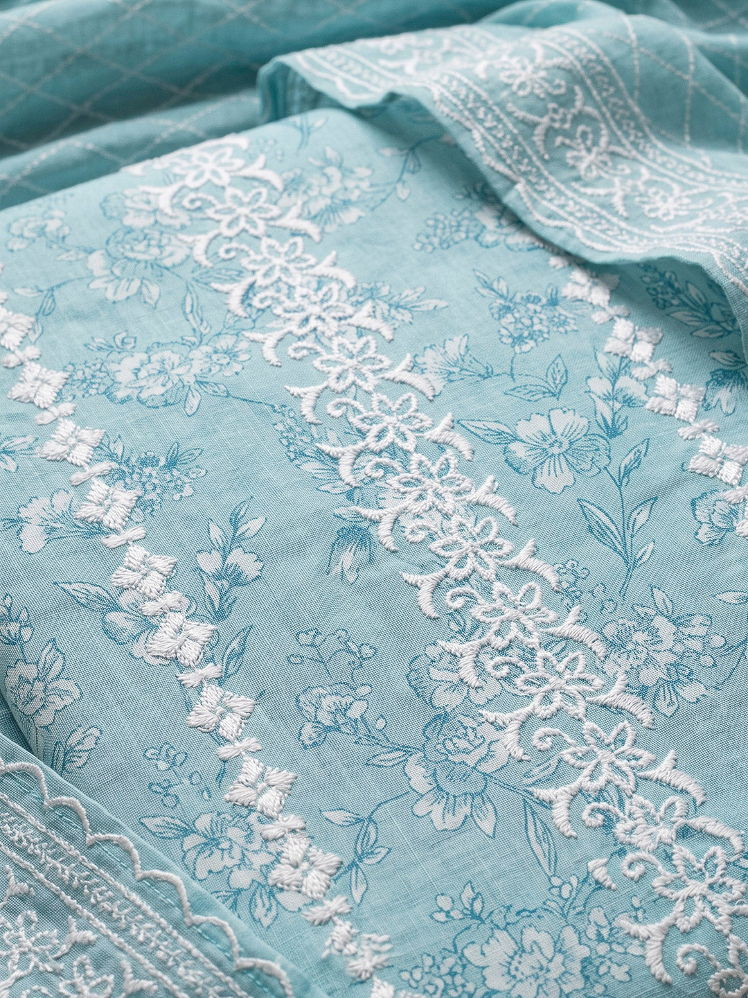 Blue Cotton Blend Embroidered Unstitched Dress Material