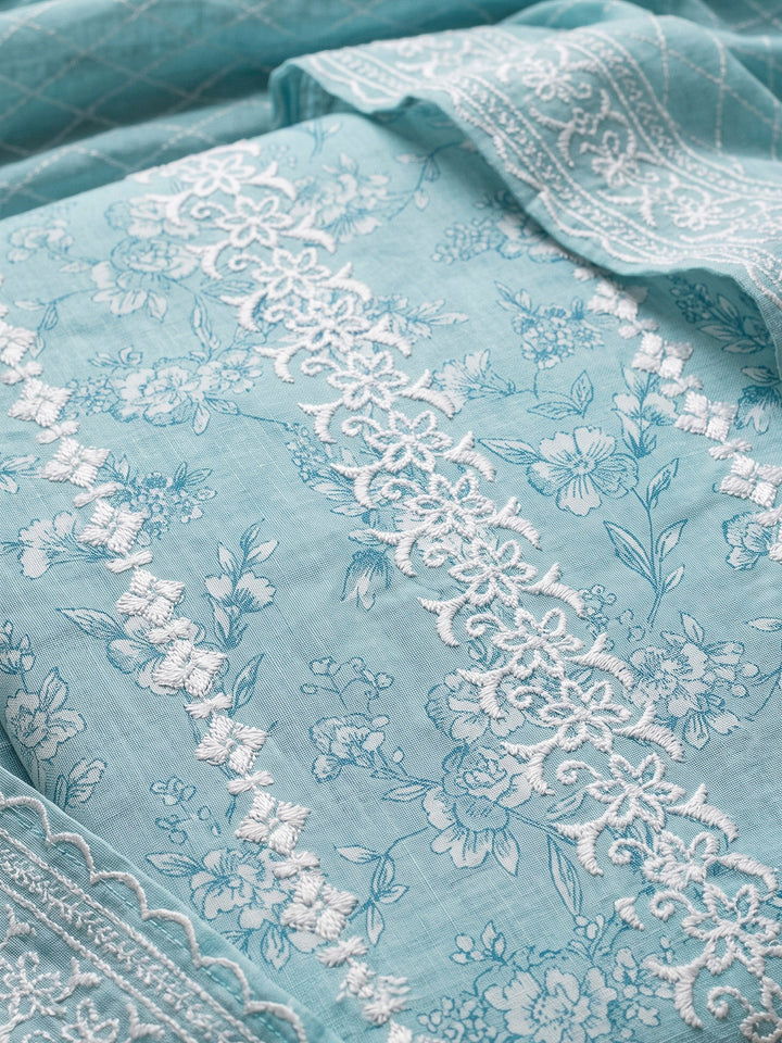 Blue Cotton Blend Embroidered Unstitched Dress Material
