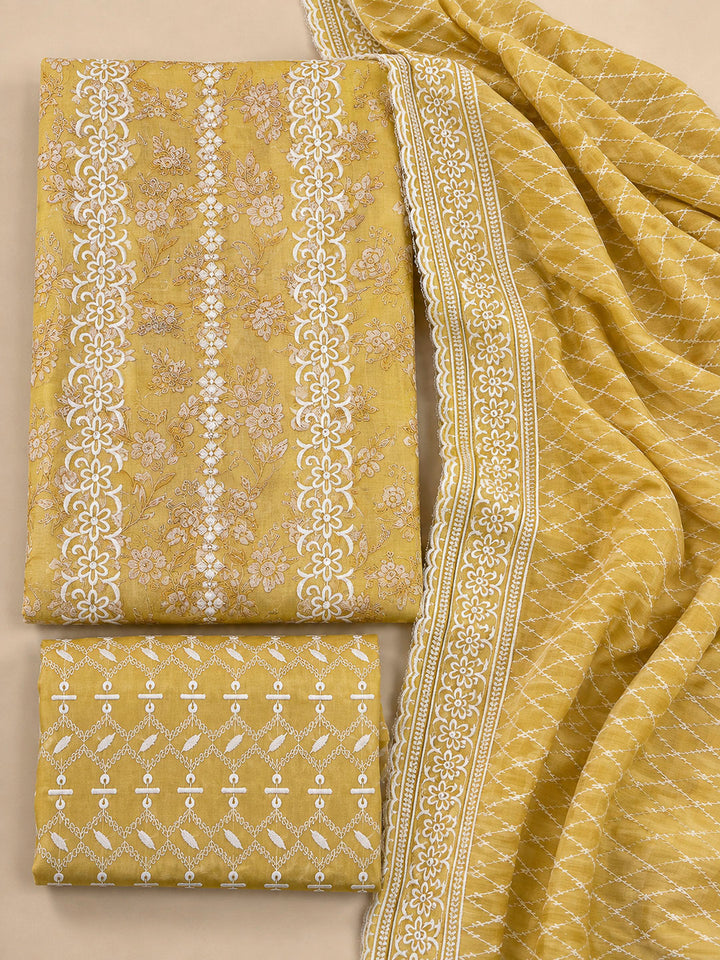 Mustard Cotton Blend Embroidered Unstitched Dress Material