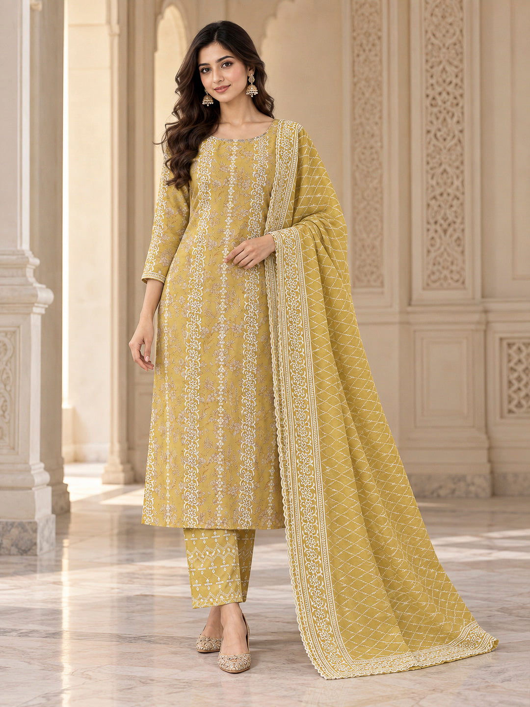 Mustard Cotton Blend Embroidered Unstitched Dress Material