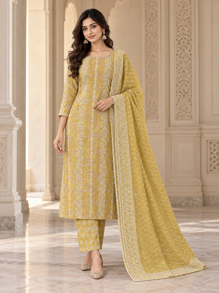 Mustard Cotton Blend Embroidered Unstitched Dress Material