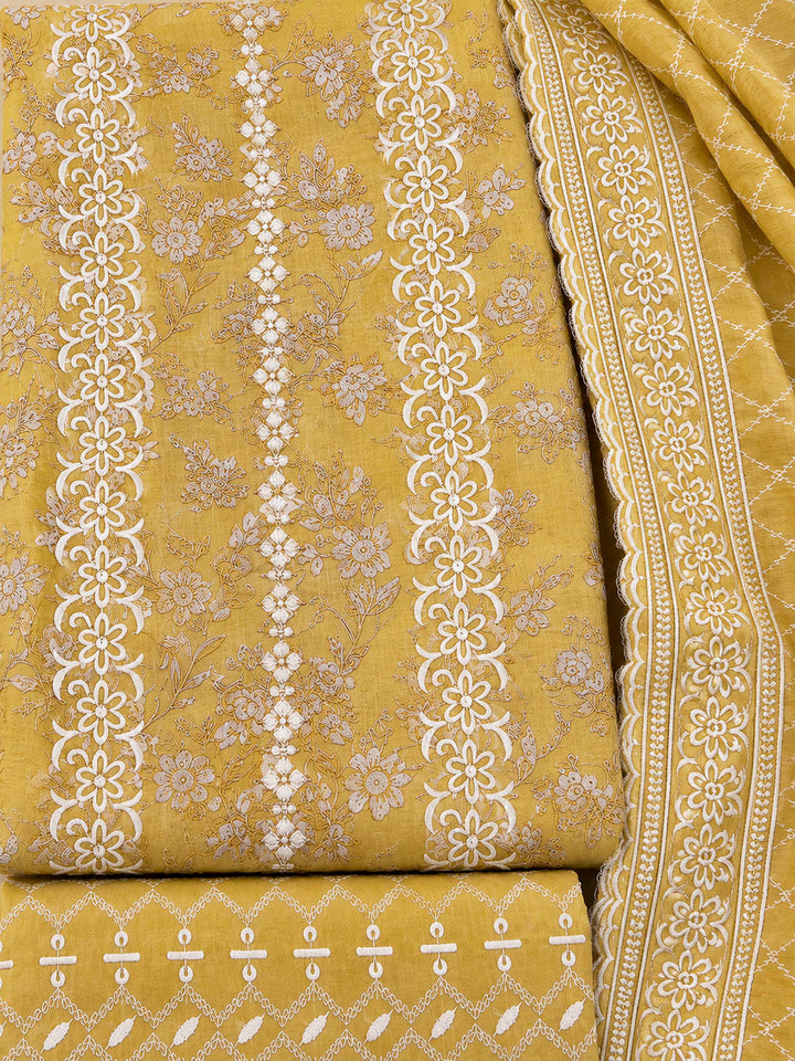 Mustard Cotton Blend Embroidered Unstitched Dress Material