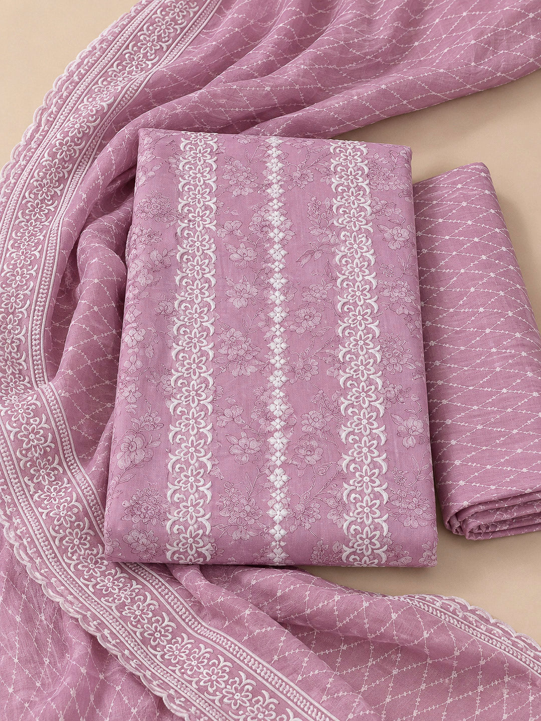 Onion Pink Cotton Blend Embroidered Unstitched Dress Material