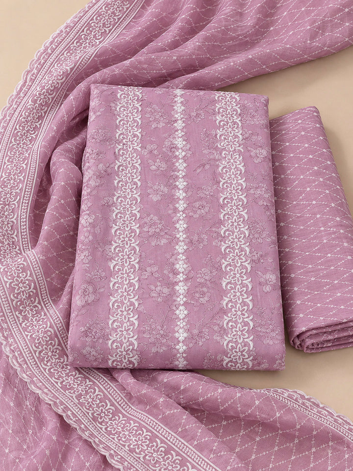 Onion Pink Cotton Blend Embroidered Unstitched Dress Material