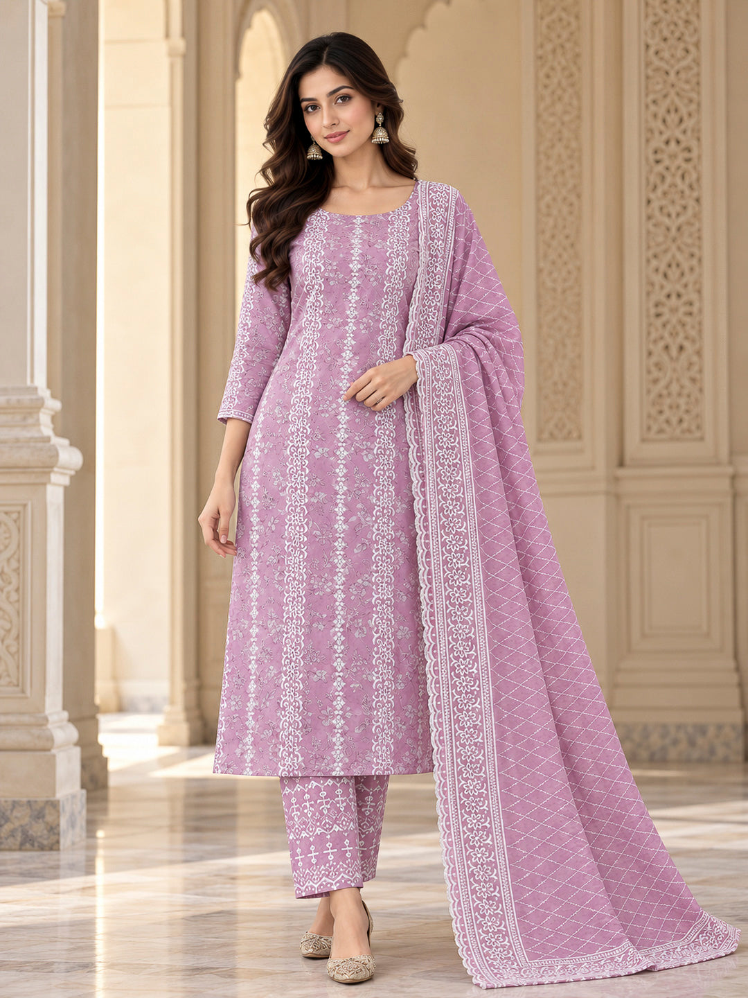 Onion Pink Cotton Blend Embroidered Unstitched Dress Material