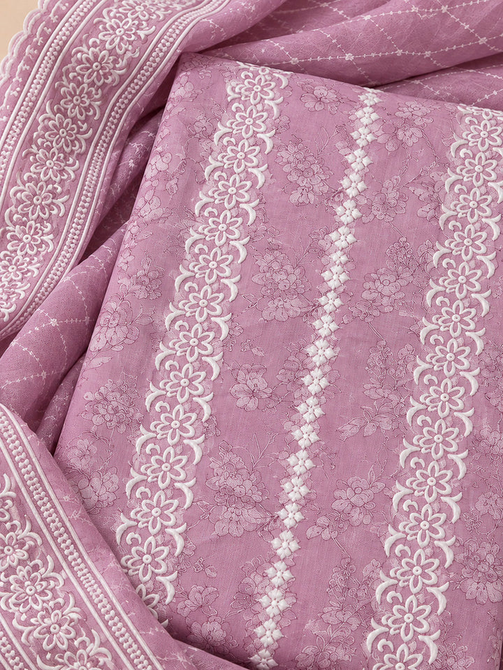 Onion Pink Cotton Blend Embroidered Unstitched Dress Material