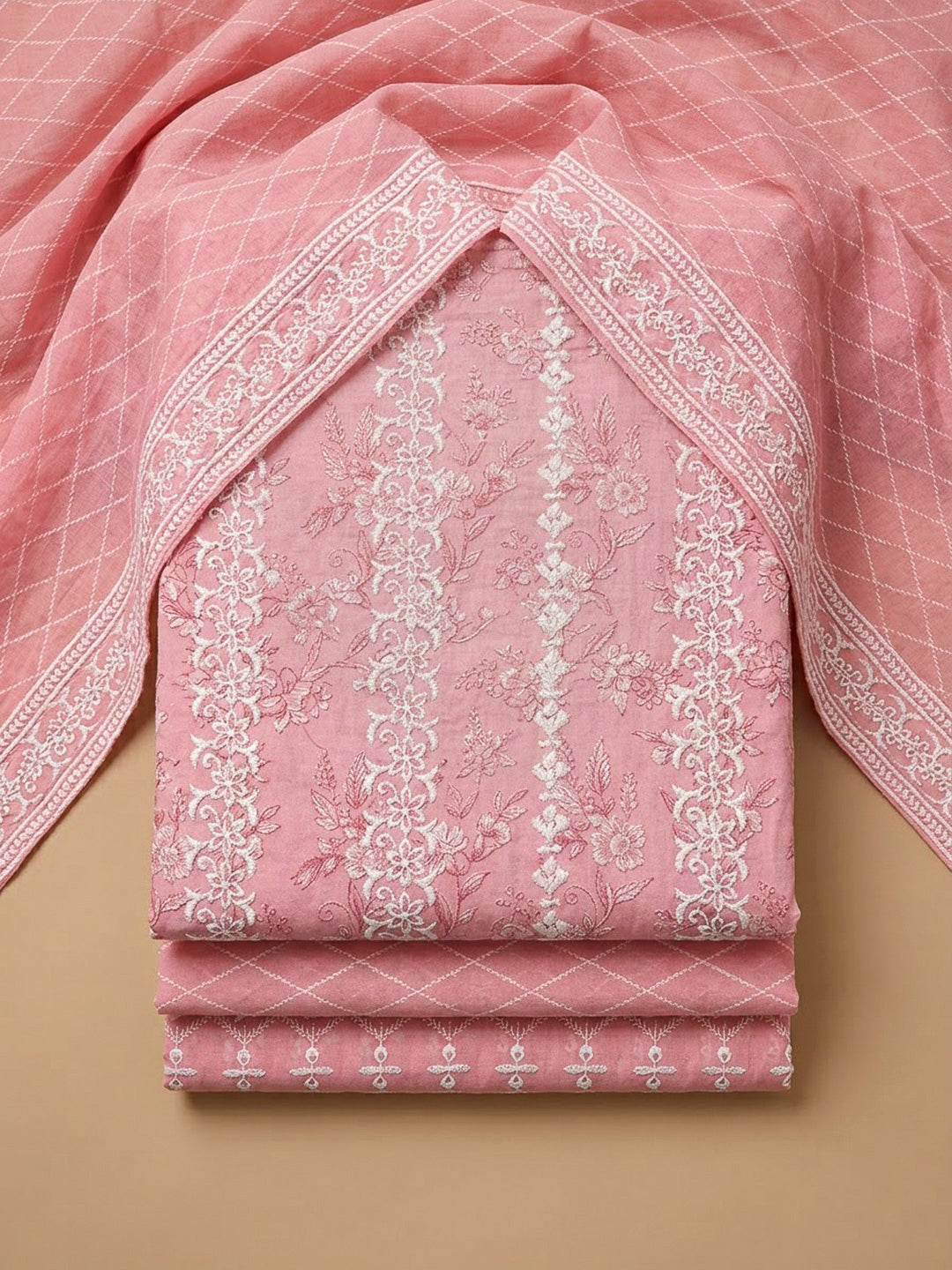 Peach Cotton Blend Embroidered Unstitched Dress Material