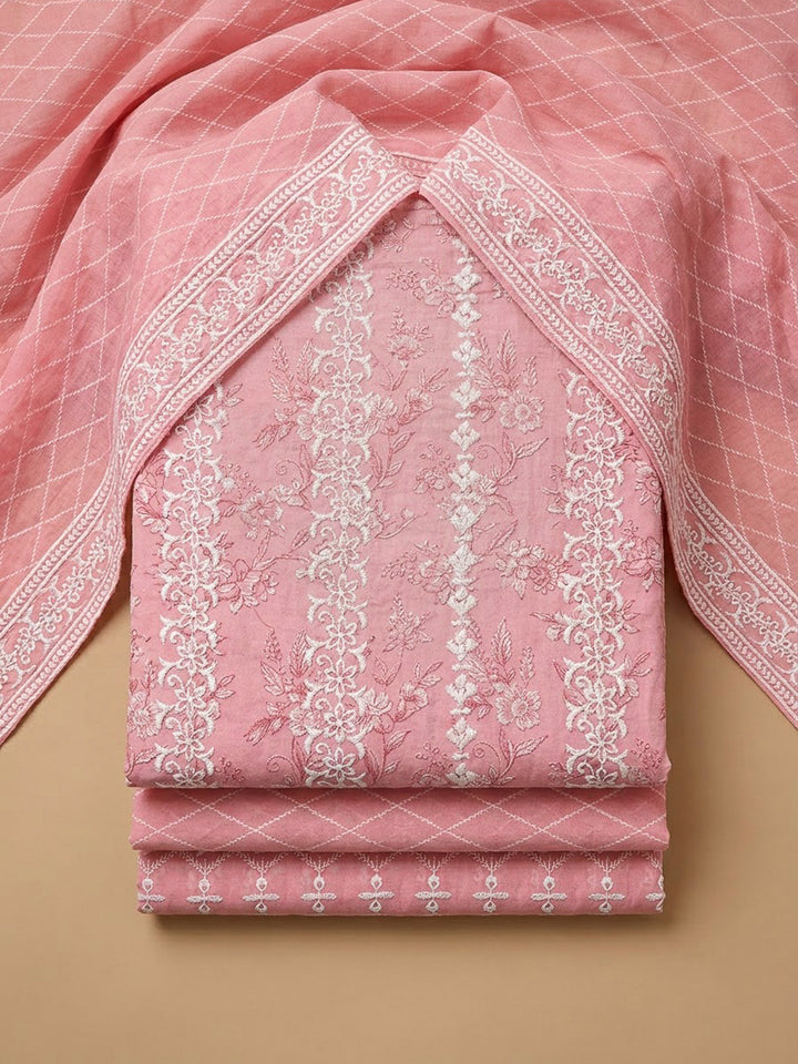 Peach Cotton Blend Embroidered Unstitched Dress Material