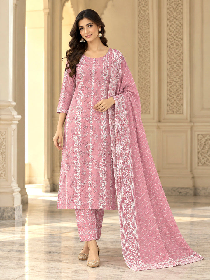 Peach Cotton Blend Embroidered Unstitched Dress Material