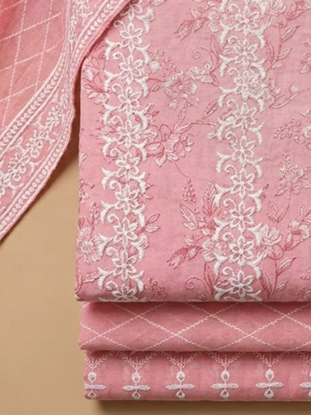Peach Cotton Blend Embroidered Unstitched Dress Material