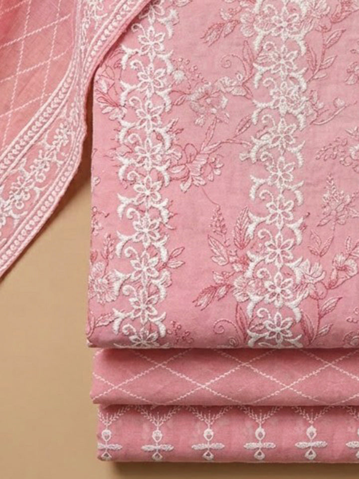 Peach Cotton Blend Embroidered Unstitched Dress Material