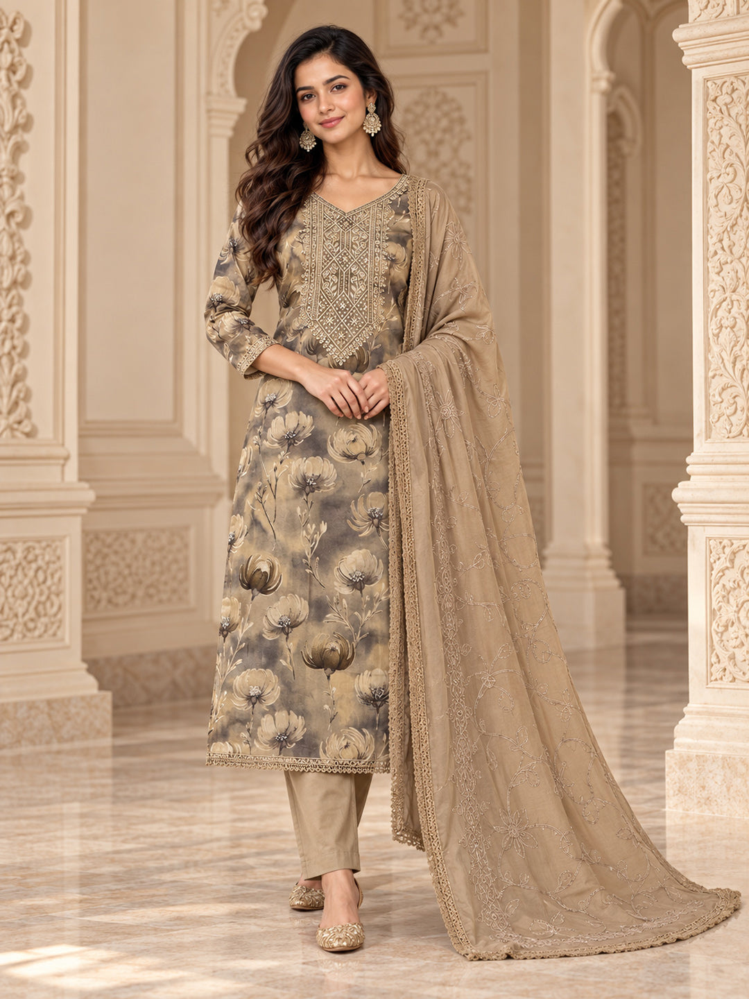 Beige Chanderi Embroidered Unstitched Dress Material