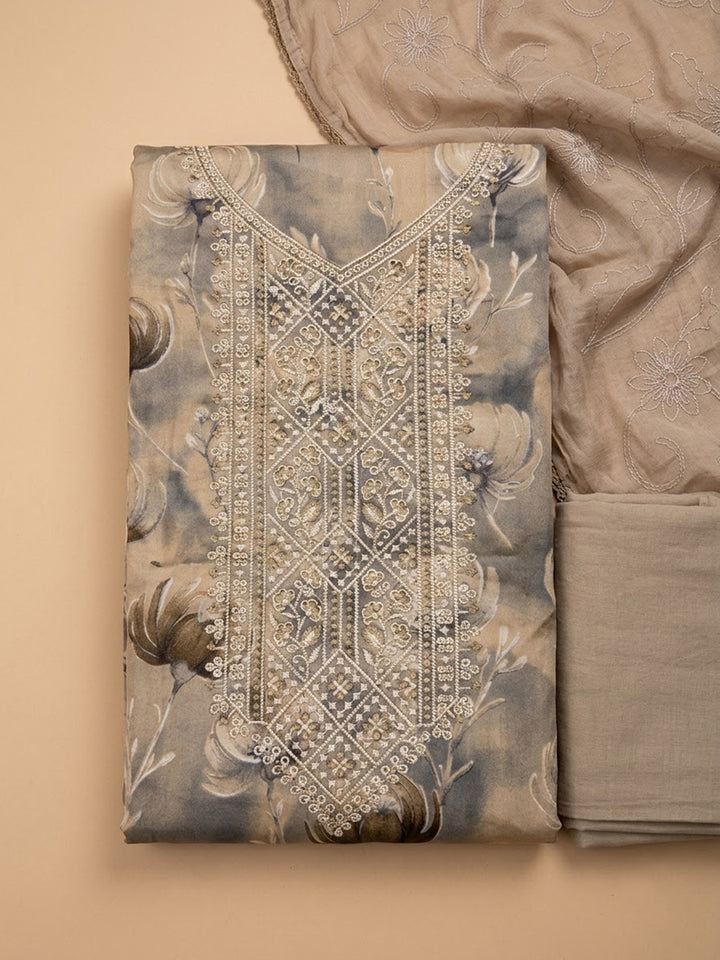 Beige Chanderi Embroidered Unstitched Dress Material