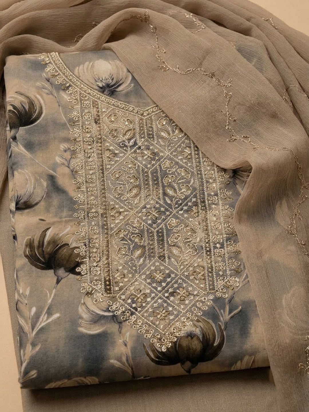 Beige Chanderi Embroidered Unstitched Dress Material