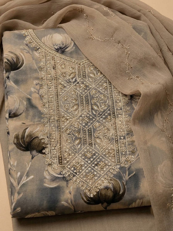 Beige Chanderi Embroidered Unstitched Dress Material