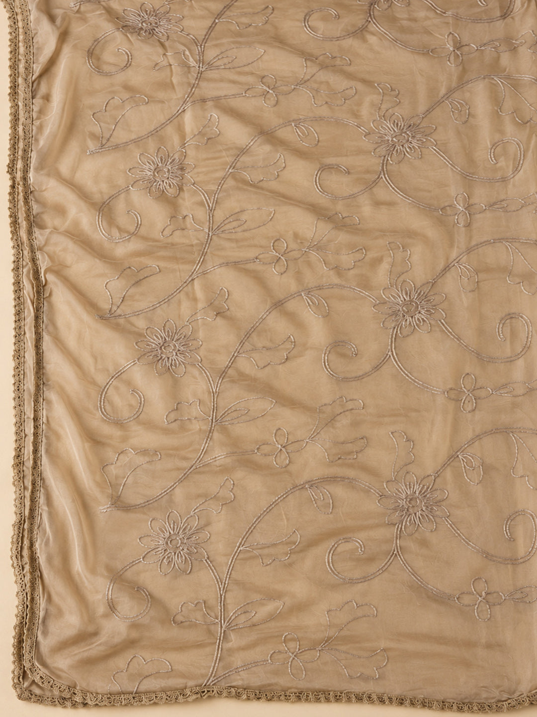 Beige Chanderi Embroidered Unstitched Dress Material