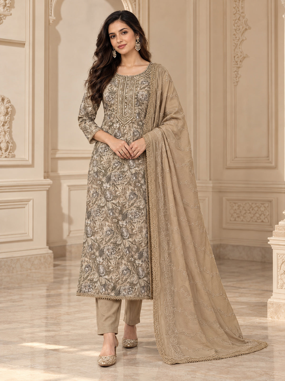 Beige Chanderi Embroidered Unstitched Dress Material