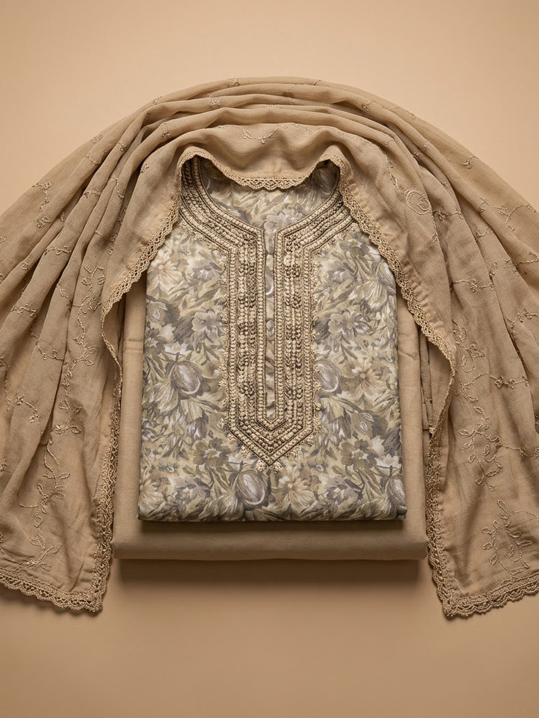 Beige Chanderi Embroidered Unstitched Dress Material
