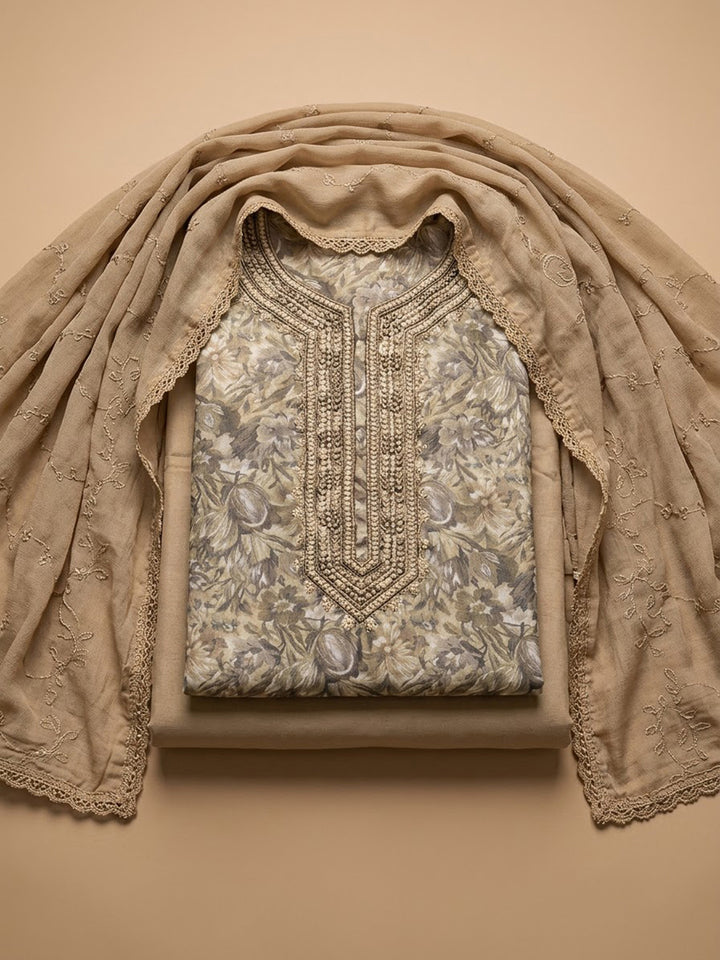 Beige Chanderi Embroidered Unstitched Dress Material