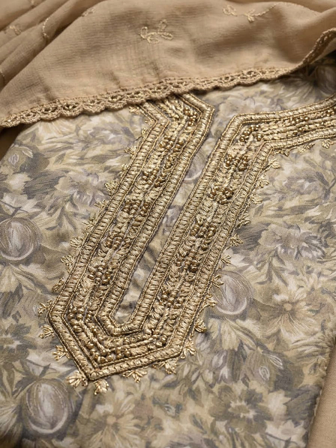 Beige Chanderi Embroidered Unstitched Dress Material