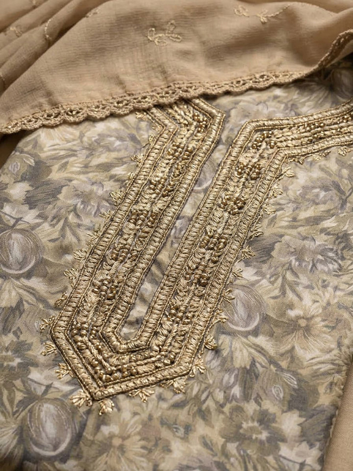 Beige Chanderi Embroidered Unstitched Dress Material