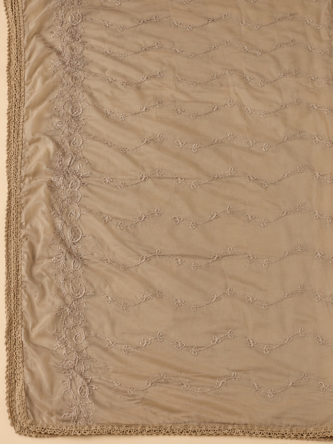 Beige Chanderi Embroidered Unstitched Dress Material