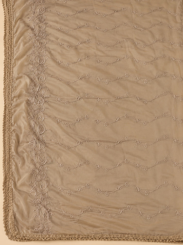 Beige Chanderi Embroidered Unstitched Dress Material