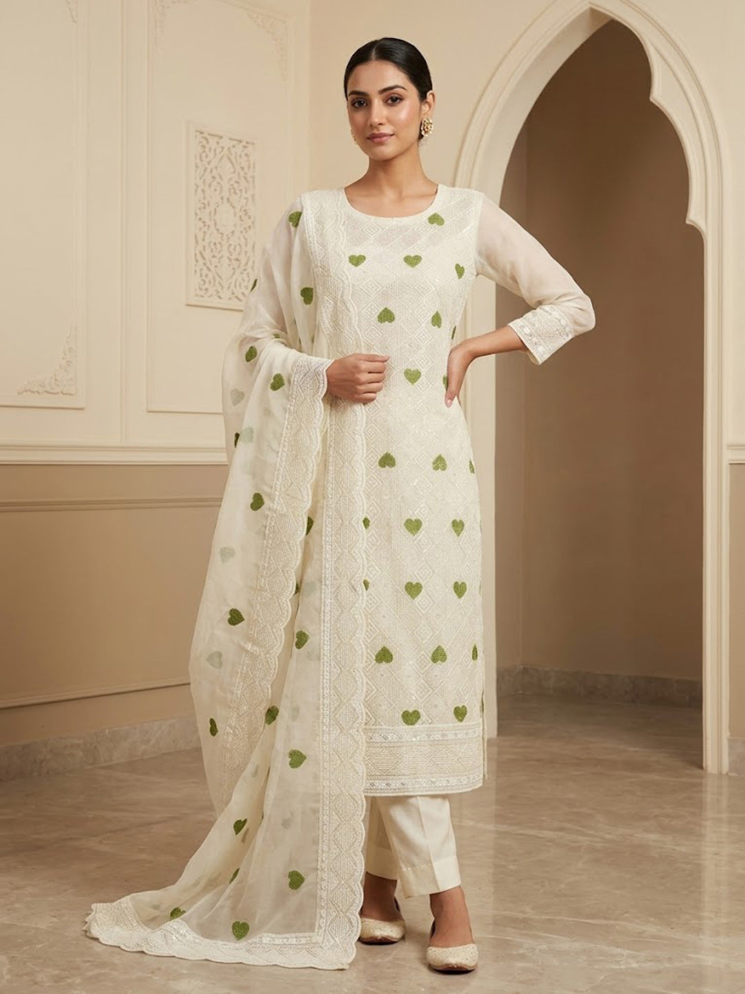 Mehndi Georgette Woven Design Unstitched Dress Material