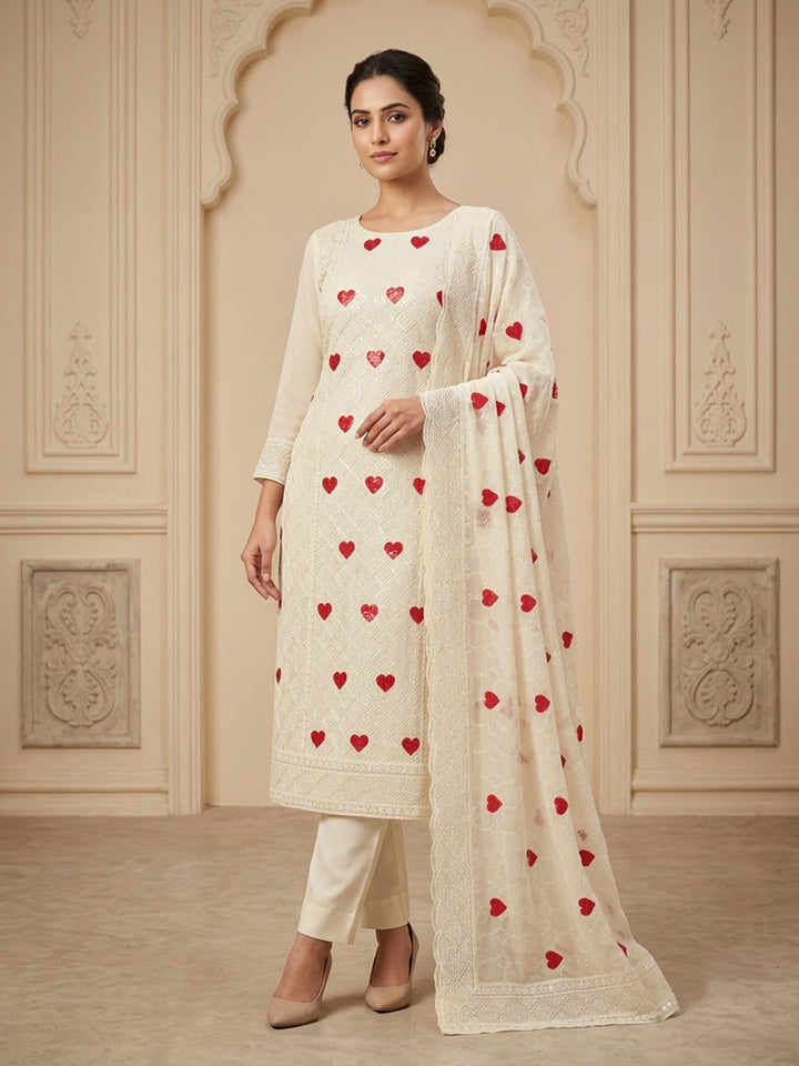 Red Georgette Woven Design Unstitched Dress Material