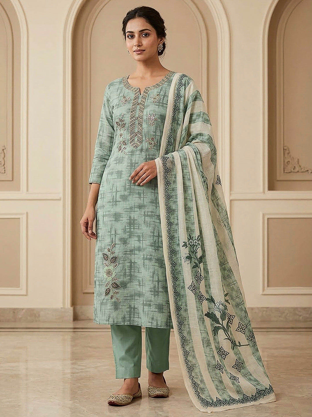 Aqua Green Chanderi Embroidered Unstitched Dress Material