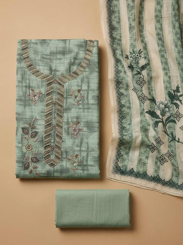 Aqua Green Chanderi Embroidered Unstitched Dress Material
