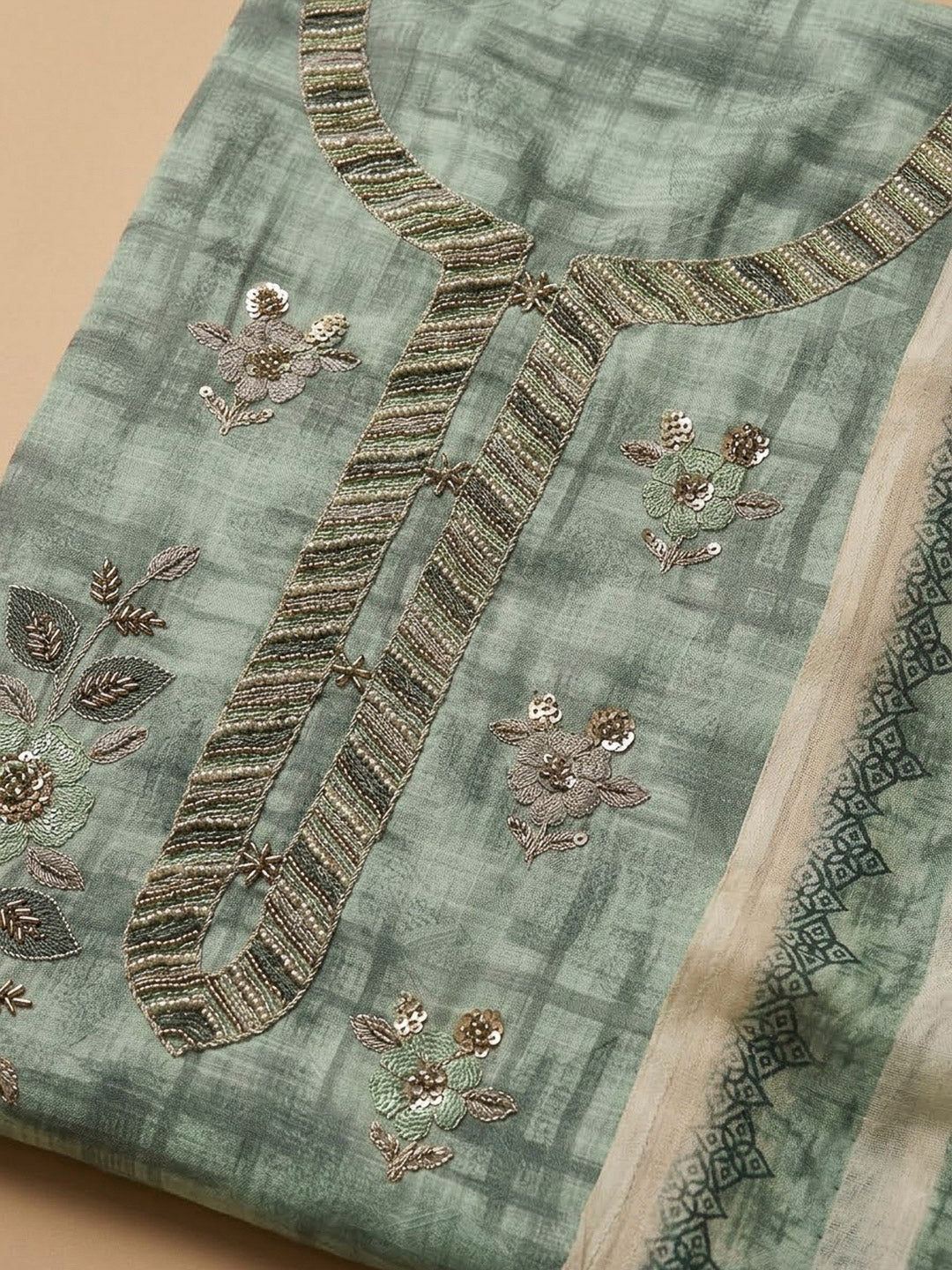 Aqua Green Chanderi Embroidered Unstitched Dress Material
