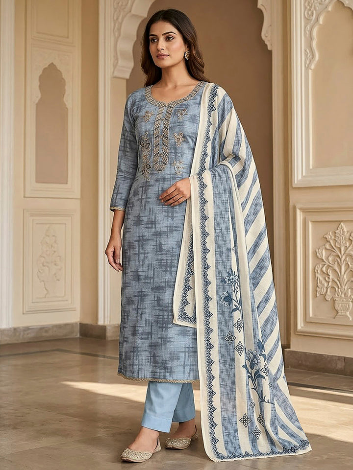 Blue Chanderi Embroidered Unstitched Dress Material